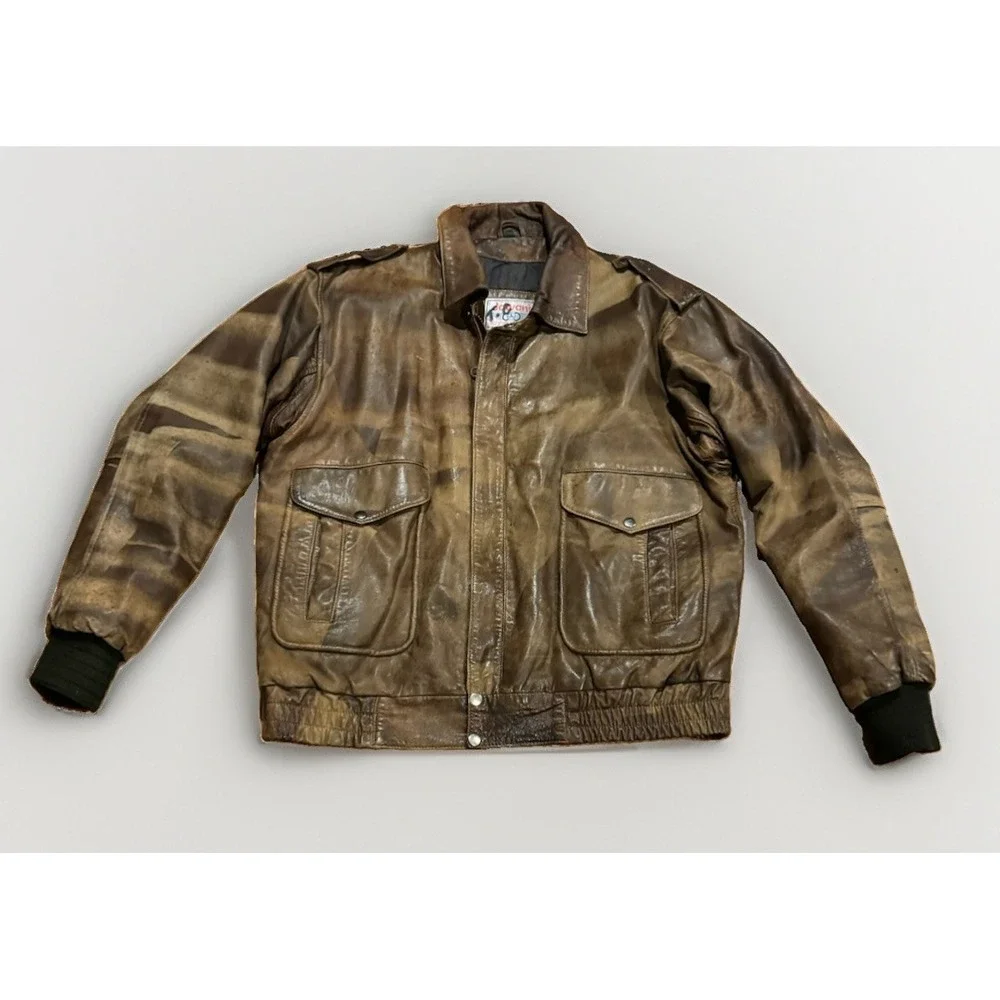 Vintage A2 Lamb Leather Bomber Jacket L Geometric Fade Indiana Jones Rare